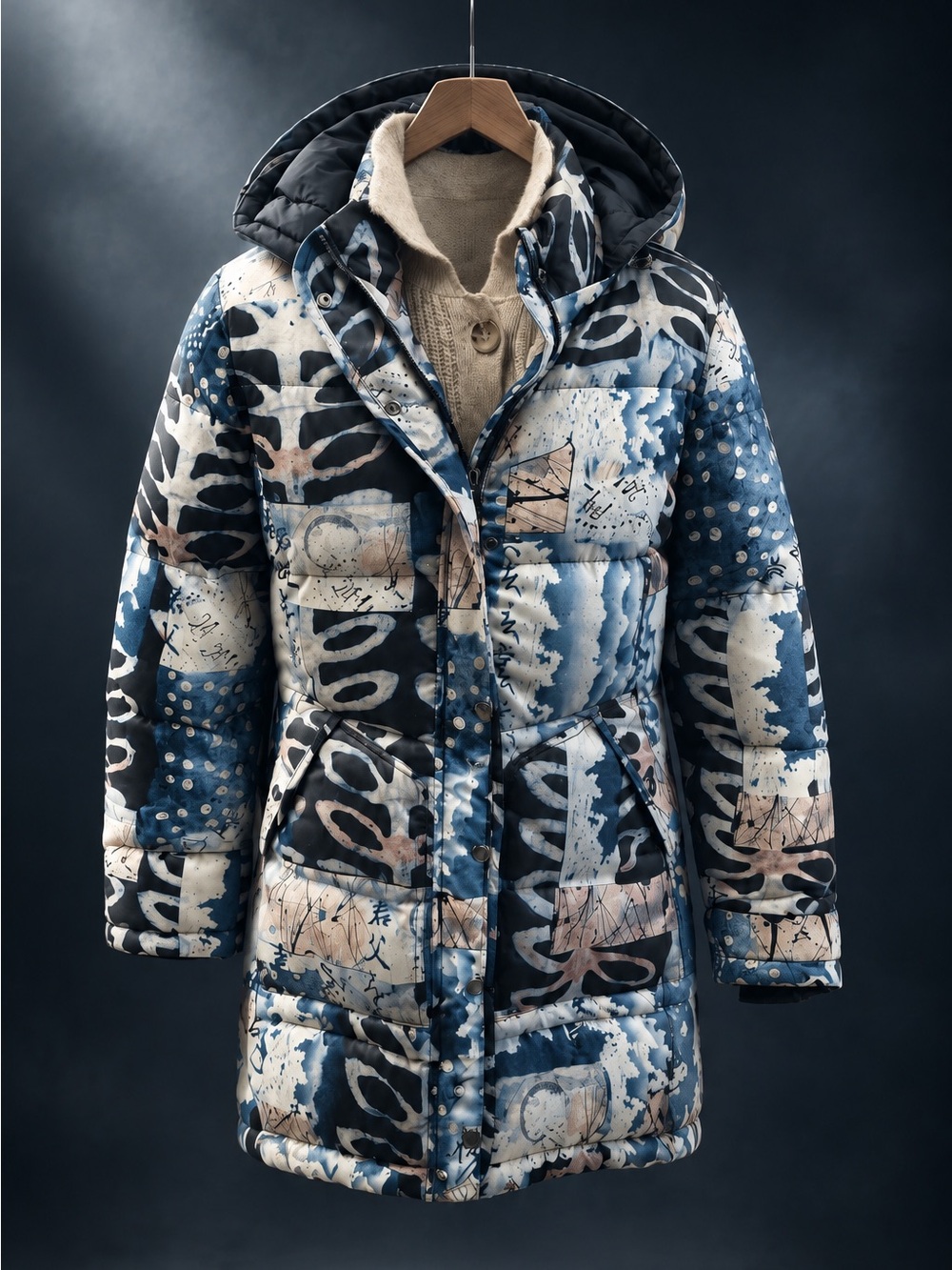 Women's Printed Hooded Puffer Coat - Blue Multi